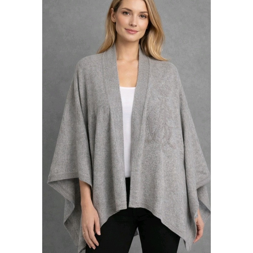 Christian Audigier Rhinestone Crest Cashmere‎ Blend Wrap Cardigan
